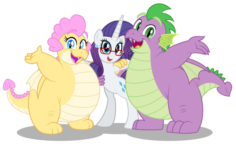 Size: 1920x1189 | Tagged: safe, artist:aleximusprime, derpibooru import, rarity, spike, oc, oc:buttercream the dragon, dragon, pony, unicorn, flurry heart's story, bipedal, commission, dragon oc, dragoness, ear piercing, earring, fat, fat spike, female, glasses, hand on shoulder, horn, hug, image, jewelry, looking at you, mare, non-pony oc, older, older rarity, older spike, open mouth, piercing, png, simple background, smiling, transparent background