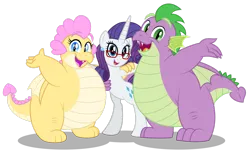 Size: 1920x1189 | Tagged: safe, artist:aleximusprime, derpibooru import, rarity, spike, oc, oc:buttercream the dragon, dragon, pony, unicorn, flurry heart's story, bipedal, commission, dragon oc, dragoness, ear piercing, earring, fat, fat spike, female, glasses, hand on shoulder, horn, hug, image, jewelry, looking at you, mare, non-pony oc, older, older rarity, older spike, open mouth, piercing, png, simple background, smiling, transparent background