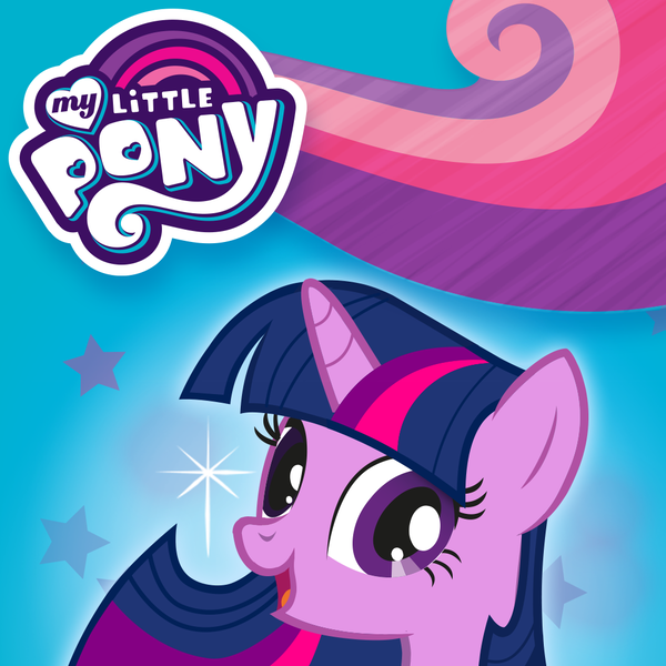 Size: 1024x1024 | Tagged: safe, derpibooru import, official, twilight sparkle, twilight sparkle (alicorn), alicorn, pony, unicorn, app icon, bust, eaglemoss, female, g4, horn, image, looking at you, mare, my little pony colouring adventures, my little pony logo, open mouth, open smile, png, portrait, smiling, solo, sparkles, stars, unicorn twilight
