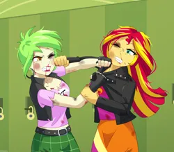 Size: 1200x1050 | Tagged: safe, artist:riouku, derpibooru import, cherry crash, sunset shimmer, equestria girls, angry, blood, canterlot high, catfight, clothes, commission, duo, duo female, female, fight, g4, hallway, image, jacket, leather, leather jacket, leather vest, lockers, plaid skirt, png, punch, skirt, vest