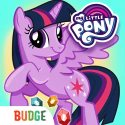 Size: 1024x1024 | Tagged: safe, derpibooru import, official, twilight sparkle, twilight sparkle (alicorn), alicorn, pony, app icon, budge studios, female, g4, gemstones, horn, image, logo, looking at you, mare, my little pony logo, my little pony: harmony quest, png, rearing, solo, spread wings, tail, wings