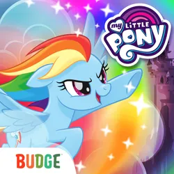 Size: 1024x1024 | Tagged: safe, derpibooru import, rainbow dash, pegasus, pony, my little pony: the movie, app icon, budge studios, female, flying, g4, image, logo, mare, my little pony logo, my little pony rainbow runners, open mouth, open smile, png, rainbow, smiling, solo, spread wings, wings