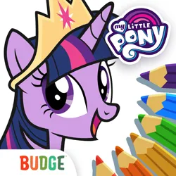 Size: 1024x1024 | Tagged: safe, derpibooru import, official, twilight sparkle, twilight sparkle (alicorn), alicorn, pony, the last problem, app icon, black outlines, budge studios, colored pencils, crown, female, g4, horn, image, jewelry, my little pony color by magic, my little pony logo, open mouth, open smile, png, regalia, simple background, smiling, solo, white background