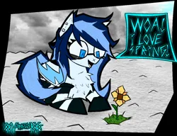 Size: 2292x1764 | Tagged: safe, artist:xxv4mp_g4z3rxx, derpibooru import, oc, unofficial characters only, pony, blue eyes, chest fluff, clothes, cloud, ear piercing, flower, glasses, grass, image, lying down, piercing, png, ponyloaf, prone, signature, snow, socks, solo, speech bubble, spring, striped socks, tail, two toned mane, two toned tail