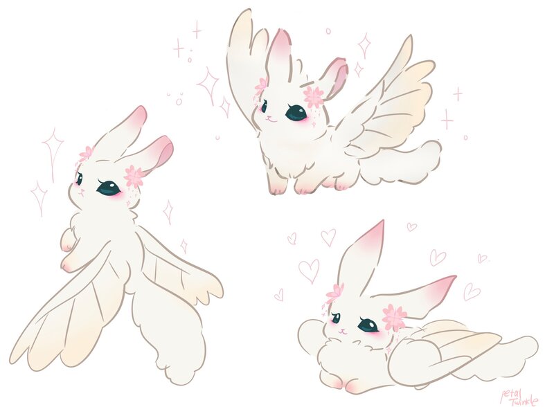Size: 2048x1504 | Tagged: safe, artist:petaltwinkle, derpibooru import, fluttershy, rabbit, winged rabbit, :3, :<, animal, blushing, bunnified, bunnyshy, chest fluff, colored pinnae, ear blush, eyelashes, female, floating heart, flower, flower on ear, frown, g4, heart, image, jpeg, leg blush, long tail, looking back, makeup, simple background, sitting, smiling, solo, sparkles, species swap, spread wings, standing, tail, teal eyes, triality, white background, white fur, white tail, wingding eyes, wings