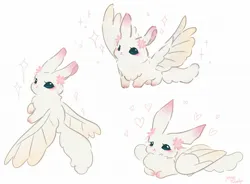 Size: 2048x1504 | Tagged: safe, artist:petaltwinkle, derpibooru import, fluttershy, rabbit, winged rabbit, :3, :<, animal, blushing, bunnified, bunnyshy, chest fluff, colored pinnae, ear blush, eyelashes, female, floating heart, flower, flower on ear, frown, g4, heart, image, jpeg, leg blush, long tail, looking back, makeup, simple background, sitting, smiling, solo, sparkles, species swap, spread wings, standing, tail, teal eyes, triality, white background, white fur, white tail, wingding eyes, wings