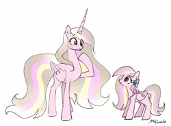 Size: 1440x1058 | Tagged: safe, derpibooru import, oc, oc:petal twinkle, unofficial characters only, alicorn, pegasus, pony, alicornified, artist, blonde mane, blonde tail, bow, duality, duo, duo female, ethereal mane, ethereal tail, eyebrows, eyebrows visible through hair, eyelashes, female, floating eyebrows, folded wings, frown, hair bow, height difference, horn, image, jpeg, long horn, long legs, looking at each other, looking at someone, mare, multicolored mane, multicolored tail, pegasus oc, physique difference, pink coat, pink eyes, profile, race swap, raised hoof, self paradox, self ponidox, signature, simple background, size difference, tail, tall, unicorn horn, wavy mane, wavy tail, white background, wingding eyes, wings