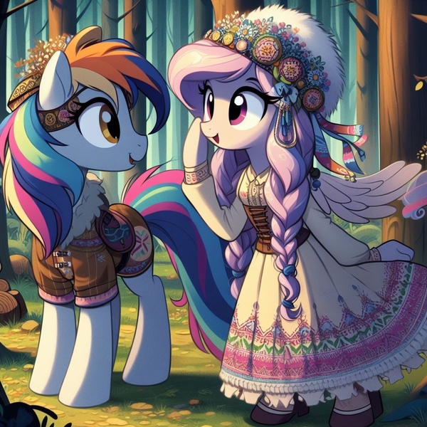 Size: 1024x1024 | Tagged: safe, ai content, derpibooru import, machine learning generated, derpy hooves, rainbow dash, taur, cyrillic, duo, forest, image, jpeg, nature, russian, slavic, tree