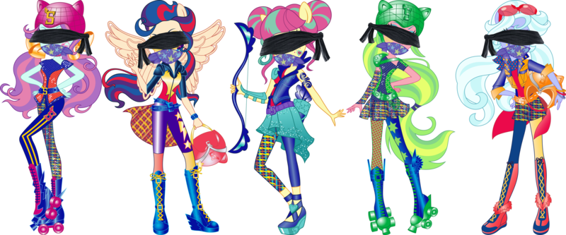 Size: 9618x4000 | Tagged: safe, indigo zap, lemon zest, sour sweet, sugarcoat, sunny flare, equestria girls, friendship games, blindfolded, gag, image, png, shadow five