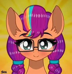 Size: 1747x1790 | Tagged: safe, artist:banquo0, derpibooru import, sunny starscout, earth pony, pony, g5, my little pony: tell your tale, alternate hairstyle, blushing, braid, braided pigtails, bust, eyebrows, eyebrows visible through hair, glasses, image, jpeg, looking at you, pigtails, smiling, solo