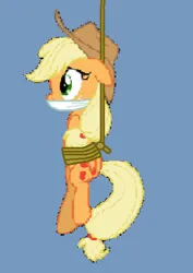 Size: 316x447 | Tagged: safe, artist:alexarmstrong2287, derpibooru import, applejack, earth pony, bondage, bound and gagged, cloth gag, damsel in distress, gag, hanging, help me, image, png, rope, scared, worried
