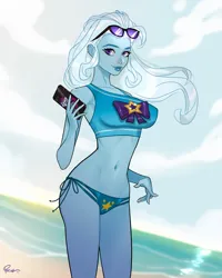 Size: 3200x4000 | Tagged: safe, artist:joe pekar, derpibooru import, part of a set, trixie, equestria girls, equestria girls series, forgotten friendship, beach, bikini, clothes, female, g4, image, jpeg, looking at you, mobile phone, multiple variants, ocean, phone, pony coloring, solo, solo female, sunglasses, sunglasses on head, swimsuit, water