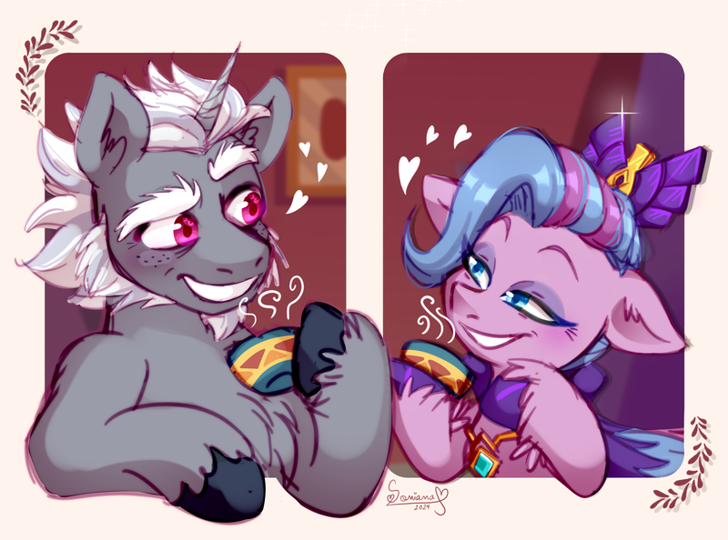 Size: 1765x1310 | Tagged: safe, artist:soniana_draws, derpibooru import, part of a set, queen haven, pegasus, unicorn, g5, alphabittle blossomforth, crown, eyeshadow, female, floating heart, food, heart, horn, image, jewelry, looking at each other, looking at someone, makeup, male, png, regalia, ship:alphahaven, shipping, straight, tea, unshorn fetlocks