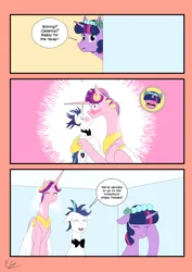 Size: 3000x4242 | Tagged: safe, artist:egstudios93, derpibooru import, princess cadance, shining armor, twilight sparkle, alicorn, pony, unicorn, a canterlot wedding, alternate hairstyle, blushing, bowtie, caught, clothes, comic, dialogue, dress, embarrassed, female, g4, height difference, horn, husband and wife, image, kiss on the lips, kissing, male, mare, meme, messy mane, png, ship:shiningcadance, shipping, speech bubble, straight, the bride and the ugly ass groom, unicorn twilight, wedding dress