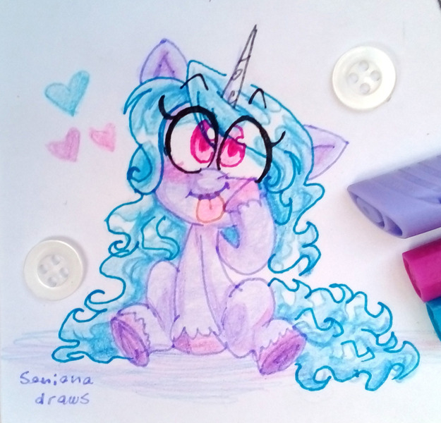 Size: 1280x1228 | Tagged: safe, artist:soniana_draws, derpibooru import, izzy moonbow, pony, unicorn, g5, button, chibi, cute, floating heart, heart, horn, image, izzybetes, jpeg, markers, traditional art