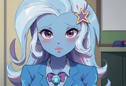Size: 1216x832 | Tagged: safe, ai content, machine learning generated, prompter:axeleif, trixie, human, equestria girls, anime, anime style, blushing, classroom, clothes, cute, generator:pony diffusion v6 xl, humanized, image, jpeg, long hair, looking at you, prompt in description, school uniform, schoolgirl, shy, solo, teenager