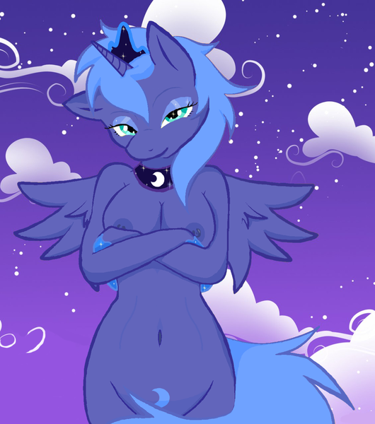 Size: 1130x1280 | Tagged: questionable, artist:whitmaverick, derpibooru import, edit, princess luna, anthro, alternative cutie mark placement, belly button, breasts, cloud, cloudy, crotchmark, female, g4, image, moon, night, nipples, nudity, png, pubic hair, s1 luna, solo, solo female, stars