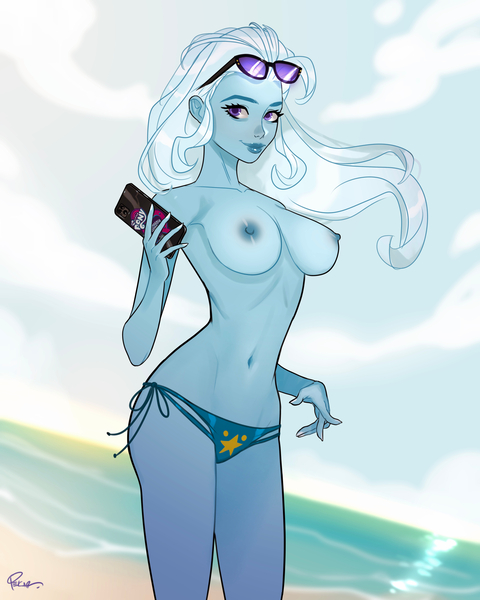 Size: 3200x4000 | Tagged: questionable, artist:joe pekar, derpibooru import, part of a set, trixie, equestria girls, equestria girls series, forgotten friendship, beach, bikini, bikini bottom, clothes, exhibitionism, female, g4, image, jpeg, looking at you, mobile phone, multiple variants, ocean, partial nudity, phone, pony coloring, public nudity, solo, solo female, sunglasses, sunglasses on head, swimsuit, topless, trixie's beach shorts swimsuit, water