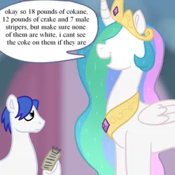 Size: 1000x1000 | Tagged: safe, artist:p2iimon, derpibooru import, princess celestia, alicorn, earth pony, pony, clipboard, dialogue, duo, duo male and female, female, hidden eyes, image, implied drug use, implied drugs, intentional spelling error, male, mare, master chief and luna hanging out, meme, png, speech bubble, stallion