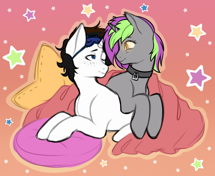 Size: 2587x2123 | Tagged: safe, artist:vatutina, derpibooru import, oc, oc:frenzy nuke, oc:sterling dark, unofficial characters only, pony, unicorn, cuddling, horn, image, pillow, png, snuggling