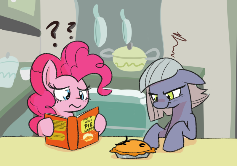 Size: 1344x940 | Tagged: safe, artist:viviwee747, derpibooru import, limestone pie, pinkie pie, earth pony, pony, book, confused, cookbook, female, floppy ears, food, frown, image, mare, pie, png, question mark, siblings, sisters