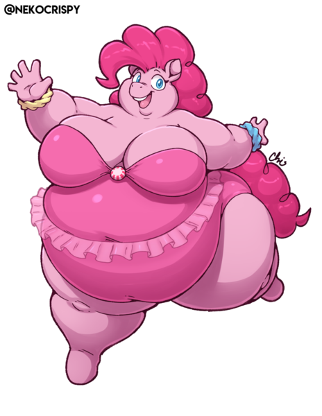 Size: 893x1155 | Tagged: suggestive, artist:nekocrispy, derpibooru import, pinkie pie, anthro, earth pony, unguligrade anthro, bbw, belly, big belly, big breasts, breasts, clothes, fat, female, huge belly, image, morbidly obese, obese, one-piece swimsuit, piggy pie, png, pudgy pie, simple background, solo, ssbbw, swimsuit, transparent background