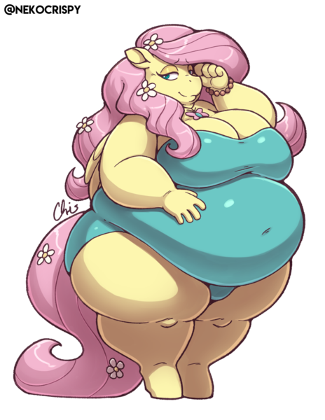 Size: 893x1155 | Tagged: suggestive, artist:nekocrispy, derpibooru import, fluttershy, anthro, pegasus, unguligrade anthro, bbw, belly, big belly, big breasts, breasts, clothes, fat, fattershy, female, huge belly, image, morbidly obese, obese, one-piece swimsuit, png, simple background, solo, ssbbw, swimsuit, transparent background