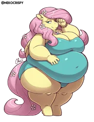 Size: 893x1155 | Tagged: suggestive, artist:nekocrispy, derpibooru import, fluttershy, anthro, pegasus, unguligrade anthro, bbw, belly, big belly, big breasts, breasts, clothes, fat, fattershy, female, huge belly, image, morbidly obese, obese, one-piece swimsuit, png, simple background, solo, ssbbw, swimsuit, transparent background