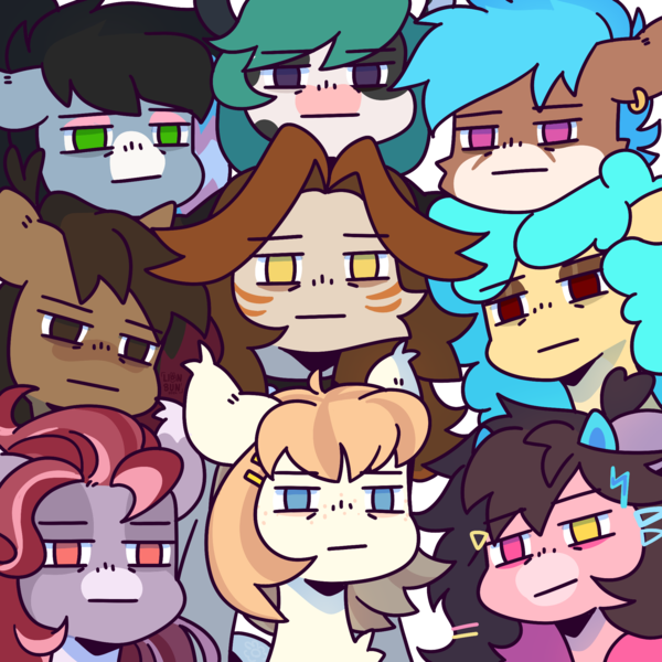 Size: 2000x2000 | Tagged: safe, artist:lionbun, derpibooru import, oc, oc:cream, oc:dreamheart, oc:honey milk, oc:key mash, oc:kiri, oc:lightshow, oc:lissy fluffball, oc:star skipper, pony, female, group, image, looking at you, mare, png, stare, staring at you, staring into your soul