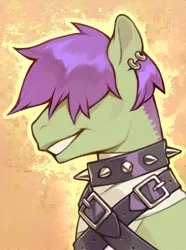 Size: 1560x2100 | Tagged: safe, derpibooru import, oc, oc:flytrap (kuroikamome), earth pony, pony, bandage, bust, collar, covered eyes, ear piercing, earring, green coat, image, jewelry, leather, leather straps, male, piercing, png, purple mane, short mane, side view, simple background, smiling, solo, stallion