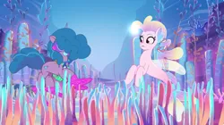 Size: 3200x1790 | Tagged: safe, derpibooru import, screencap, izzy moonbow, pony, seapony (g4), unicorn, g5, my little pony: tell your tale, spoiler:g5, spoiler:my little pony: tell your tale, spoiler:tyts02e00, destiny (g5), female, horn, image, mare, png, seapony (g5), the blockywockys
