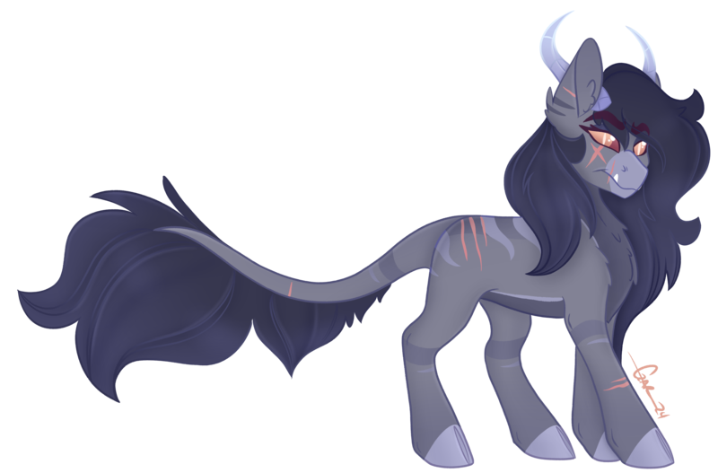 Size: 4109x2708 | Tagged: safe, artist:trashpanda czar, derpibooru import, oc, oc:shiva mane, unofficial characters only, hybrid, pony, body markings, chest fluff, cloven hooves, ear fluff, eye scar, facial scar, fangs, female, horns, hybrid oc, image, long hair, long mane, long tail, looking at you, mare, png, prehensile tail, scar, simple background, slit pupils, tail, transparent background
