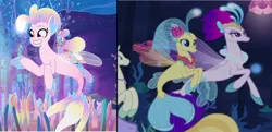 Size: 1484x716 | Tagged: safe, derpibooru import, edit, edited screencap, screencap, princess skystar, queen novo, seapony (g4), g5, my little pony: tell your tale, my little pony: the movie, the ending of the end, spoiler:g5, spoiler:my little pony: tell your tale, spoiler:tyts02e00, comparison, destiny (g5), g4, image, jpeg, seapony (g5), the blockywockys