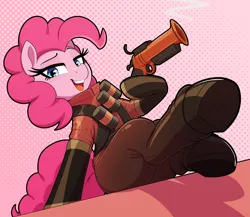 Size: 3220x2800 | Tagged: safe, artist:thebatfang, ponerpics import, pinkie pie, earth pony, pony, art pack:flare mares, abstract background, bandolier, blushing, boots, clothes, female, flare gun, gloves, gradient background, high res, image, lidded eyes, looking at you, mare, pinkie pyro, png, pyro, shoes, sitting, smiling, smiling at you, solo, stupid sexy pinkie, team fortress 2