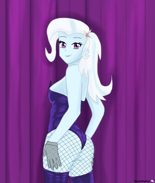 Size: 2550x3000 | Tagged: suggestive, artist:sarahthefox97, derpibooru import, trixie, equestria girls, bunny suit, butt, butt focus, clothes, fishnets, g4, image, leather, png, socks, the great and powerful ass