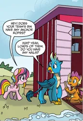 Size: 736x1068 | Tagged: safe, artist:tonyfleecs, derpibooru import, idw, gallus, rainbow harmony, smolder, dragon, gryphon, pegasus, pony, spoiler:comic, spoiler:comicfeatsoffriendship02, construction, dragoness, female, filly, foal, friendship student, g4, image, male, open mouth, pier, png, river, sad, trio, water