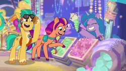 Size: 1920x1080 | Tagged: safe, derpibooru import, screencap, hitch trailblazer, izzy moonbow, sunny starscout, pony, g5, my little pony: tell your tale, spoiler:g5, spoiler:my little pony: tell your tale, spoiler:tyts02e00, animated, boardtrot, cute, female, gif, hitchbetes, image, izzybetes, looking at each other, looking at someone, male, mare, saucer, smiling, smiling at each other, stallion, stand, sunglasses, sunnybetes, teapot, the blockywockys