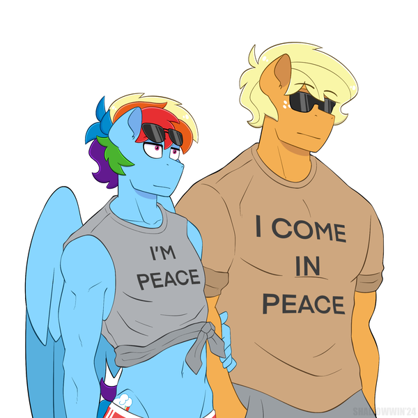 Size: 2048x2048 | Tagged: suggestive, artist:shallowwin, derpibooru import, applejack, rainbow dash, oc, anthro, earth pony, pegasus, appleblitz (gay), appledash, applejack (male), clothes, earth pony oc, front knot midriff, gay, image, male, midriff, muscles, muscular male, pants, png, rainbow blitz, rule 63, shipping, shirt, shorts, simple background, sleeveless, sunglasses, sunglasses on head, t-shirt, white background