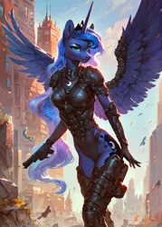 Size: 1000x1400 | Tagged: safe, ai content, derpibooru import, machine learning generated, prompter:star-dragon, stable diffusion, princess luna, alicorn, anthro, armor, breasts, busty princess luna, city, cyberpunk, fantasy, female, g4, generator:pony diffusion v6 xl, image, png, science fiction, solo, spread wings, weapon, wings