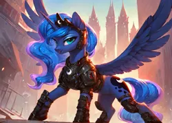 Size: 1400x1000 | Tagged: safe, ai content, derpibooru import, machine learning generated, prompter:star-dragon, stable diffusion, princess luna, alicorn, pony, armor, city, cyberpunk, fantasy, female, g4, generator:pony diffusion v6 xl, image, png, science fiction, solo, spread wings, wings