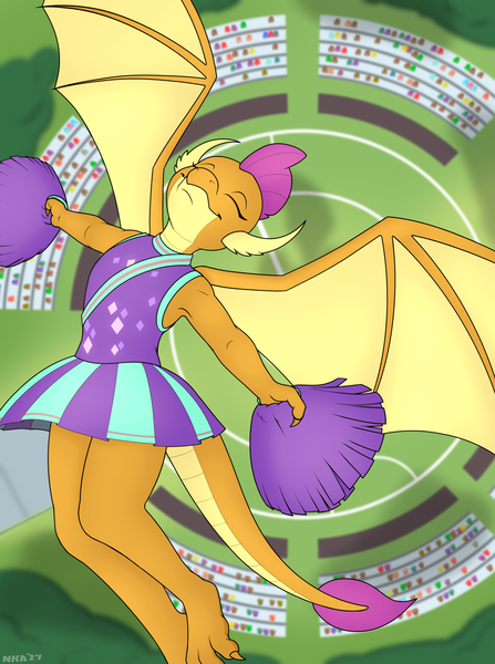 Size: 1920x2578 | Tagged: safe, artist:nudeknightart, derpibooru import, smolder, anthro, dragon, plantigrade anthro, the last laugh, cheerleader, cheerleader outfit, clothes, crowd, eyes closed, flying, image, png, pom pom, skirt, smiling