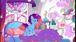 Size: 1302x720 | Tagged: safe, derpibooru import, screencap, zipp storm, pegasus, pony, unicorn, g5, my little pony: tell your tale, spoiler:g5, spoiler:my little pony: tell your tale, spoiler:tyts02e00, bed, crystal brighthouse, cute, female, horn, image, mare, misty brightdawn, mistybetes, png, rebirth misty, the blockywockys