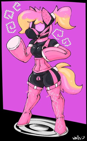 Size: 2538x4096 | Tagged: suggestive, artist:wallswallswalls, ponerpics import, ponybooru import, oc, unofficial characters only, anthro, breasts, clothes, crotch bulge, drone, gimp suit, image, jpeg, latex, latex suit
