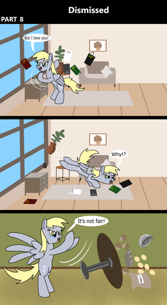 Size: 1920x3516 | Tagged: safe, artist:platinumdrop, derpibooru import, derpy hooves, pegasus, pony, comic:dismissed, 3 panel comic, alternate timeline, angry, bag, bipedal, bowl, break, breaking, bucking, cabinet, comic, commission, couch, crying, despair, destruction, distressed, egg, female, flour, folded wings, food, frustration, furniture, g4, heartbreak, home, house, image, implied doctor whooves, implied roseluck, indoors, kitchen, living room, mare, meltdown, misery, muffin, open mouth, photo, picture frame, plant, png, potted plant, rage, sad, solo, speech bubble, spread wings, table, table flip, tantrum, tears of anger, tears of sadness, teary eyes, this will not end well, why, wings, yelling
