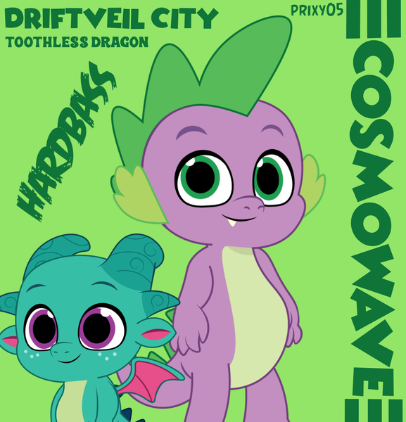 Size: 1194x1242 | Tagged: safe, artist:edy_january, artist:prixy05, derpibooru import, edit, edited screencap, editor:edy_january, screencap, sparky sparkeroni, spike, dragon, g5, my little pony: tell your tale, caption, cosmowave, cosmowave hardbass, driftviel city/toothless dragon (song), duo, g4, g4 to g5, generation leap, green background, hardbass, how to train your dragon, image, meme, music, music video, png, simple background, song, sparky and his hero, toothless the dragon, youtube caption, youtube link