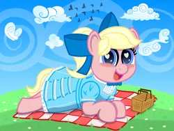 Size: 1600x1200 | Tagged: safe, artist:spellboundcanvas, derpibooru import, oc, oc:merry bliss, unofficial characters only, earth pony, pony, g5, basket, bow, clothes, cute, dress, female, grass, grassy hills, hair bow, image, jpeg, petticoat, picnic, picnic basket, picnic blanket, ruffles, solo