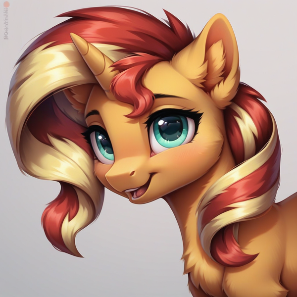 Size: 1024x1024 | Tagged: safe, ai content, derpibooru import, sunset shimmer, chest fluff, cute, ear fluff, image, looking at you, png, simple background, smiling, smiling at you