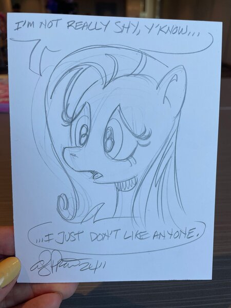 Size: 1536x2048 | Tagged: safe, artist:andypriceart, derpibooru import, fluttershy, pony, dialogue, female, g4, image, jpeg, mare, photo, sketch, solo, traditional art