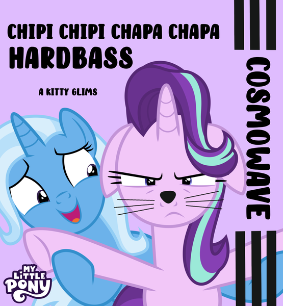 Size: 1196x1292 | Tagged: safe, artist:dashiesparkle, artist:edy_january, derpibooru import, edit, edited screencap, screencap, starlight glimmer, trixie, pony, unicorn, album, album cover, angry, caption, cat nose, cosmowave, cosmowave hardbass, duo, duo female, female, g4, hardbass, hooves, horn, image, kitty face, meme, music, music video, parody, png, purple background, simple background, song, vector used, youtube caption, youtube link