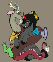Size: 3475x4096 | Tagged: safe, artist:chub-wub, derpibooru import, discord, king sombra, draconequus, pony, unicorn, cuddling, duo, duo male, facial hair, fangs, gay, goatee, gray background, horn, hug, image, jpeg, male, missing cutie mark, shipping, simple background, sombracord, stallion, unshorn fetlocks